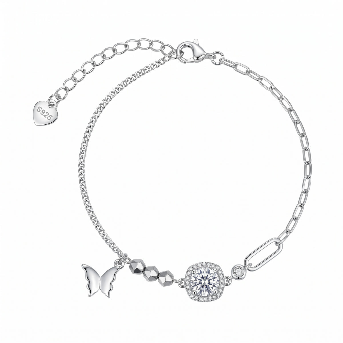 Sterling Silver Butterfly Moissanite Halo Mixed Chain Bracelet