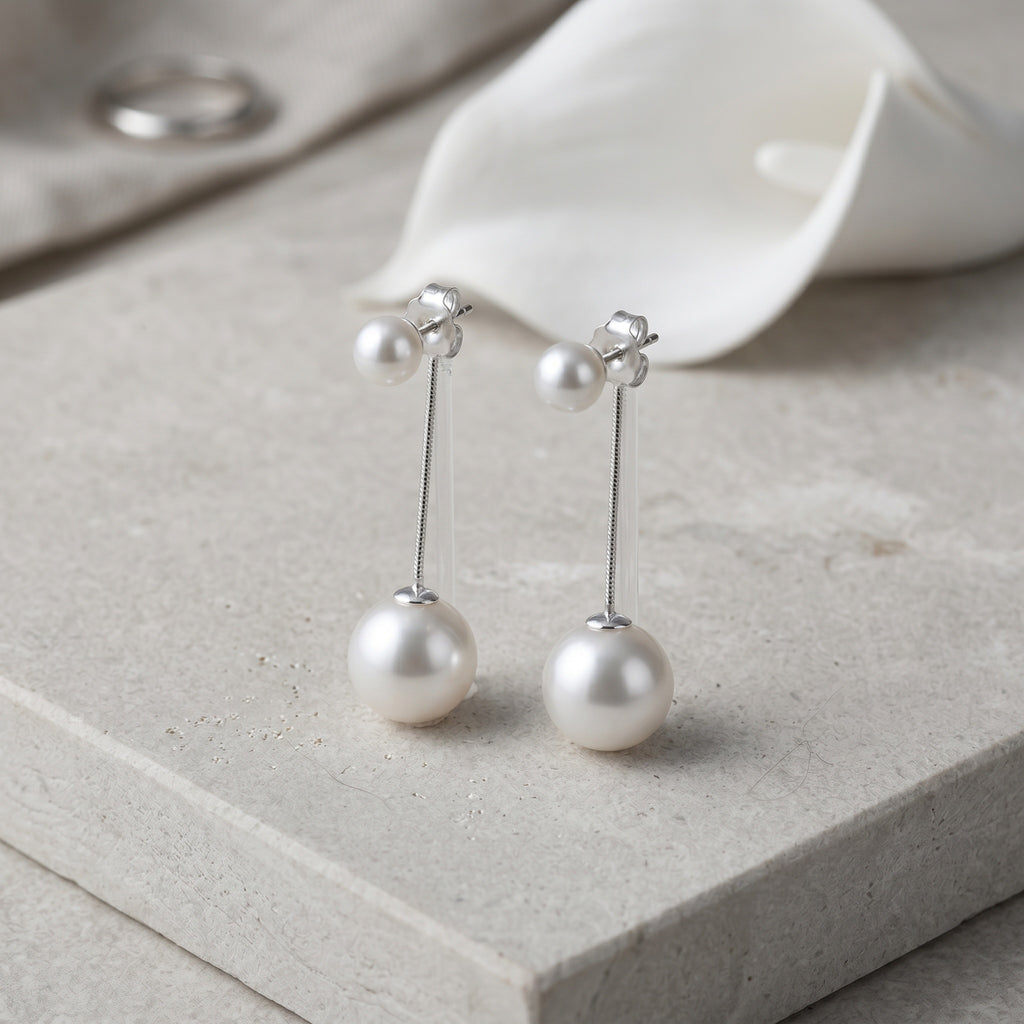 Elegant Double Pearl Drop Earrings with Silver-Tone Accents