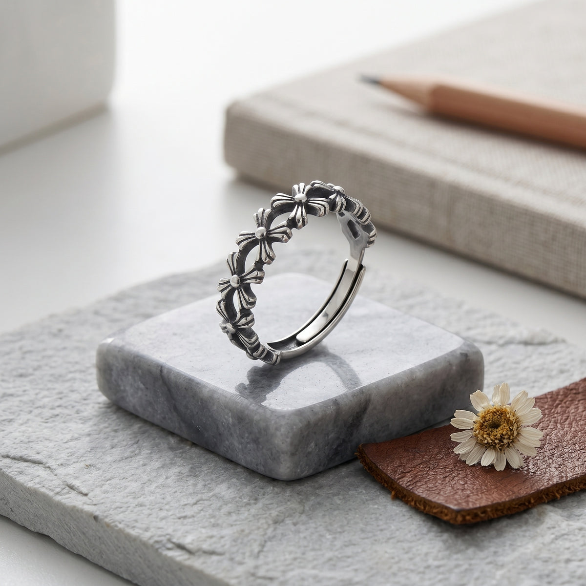 Sterling Silver Adjustable Gothic Cross Floral Ring