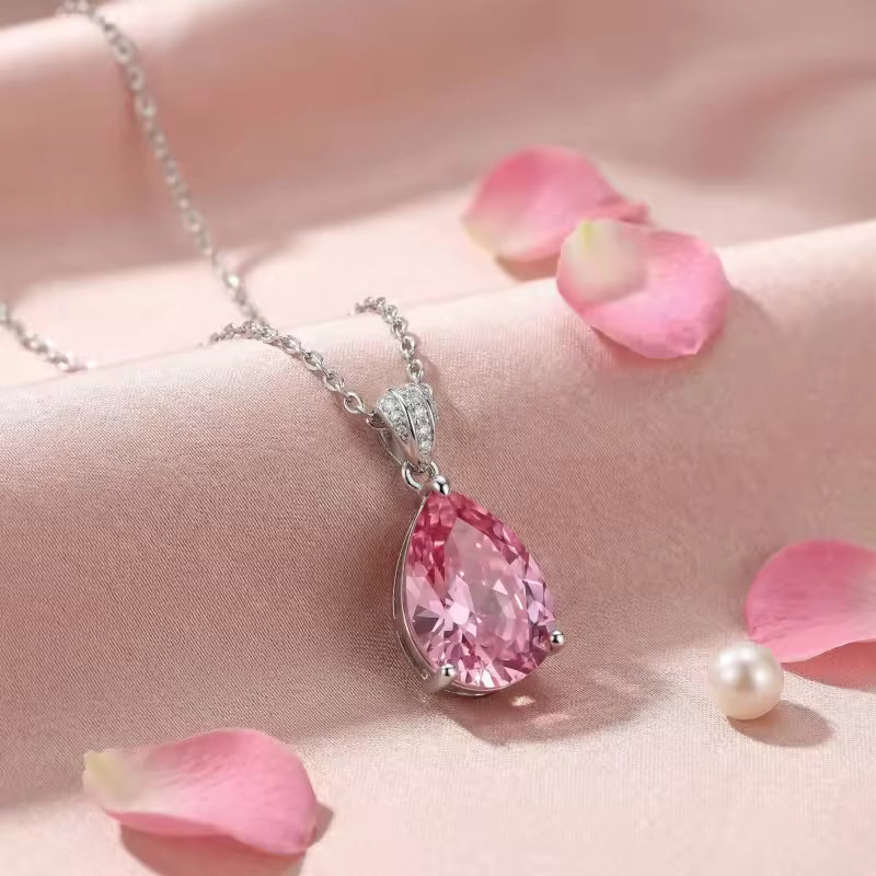 Pink Pear-Cut Pendant Necklace with Sparkling Bail – Silver-Tone Jewellery