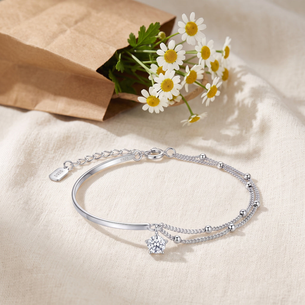 Sterling Silver Double Layer Beaded Chain Cubic Zirconia Bracelet