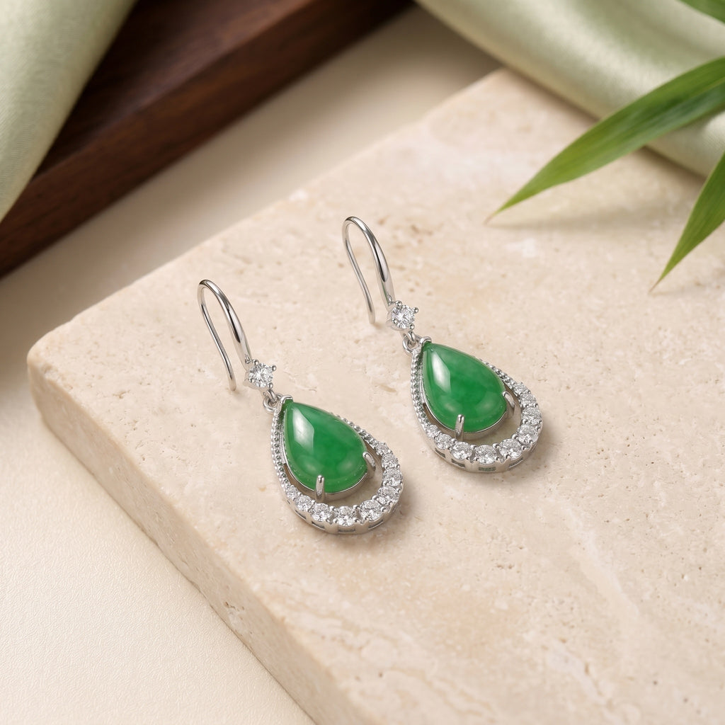 Pear-Shaped Green Jadeite and CZ Drop Earring