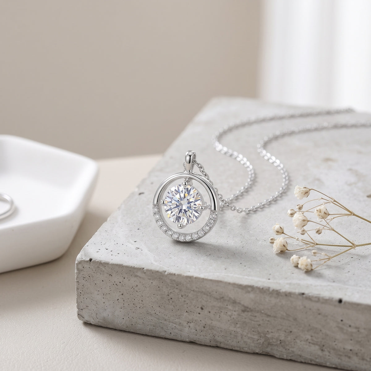 Sterling Silver Round Moissanite Circle Pendant Necklace