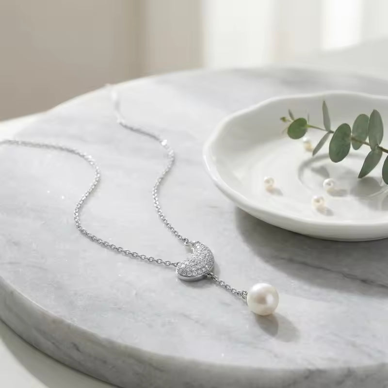 Pave Diamond Paisley Pearl Y-Necklace – Silver-Tone Pendant
