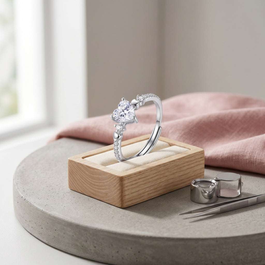 Sterling Silver Adjustable Heart Cubic Zirconia Solitaire Ring