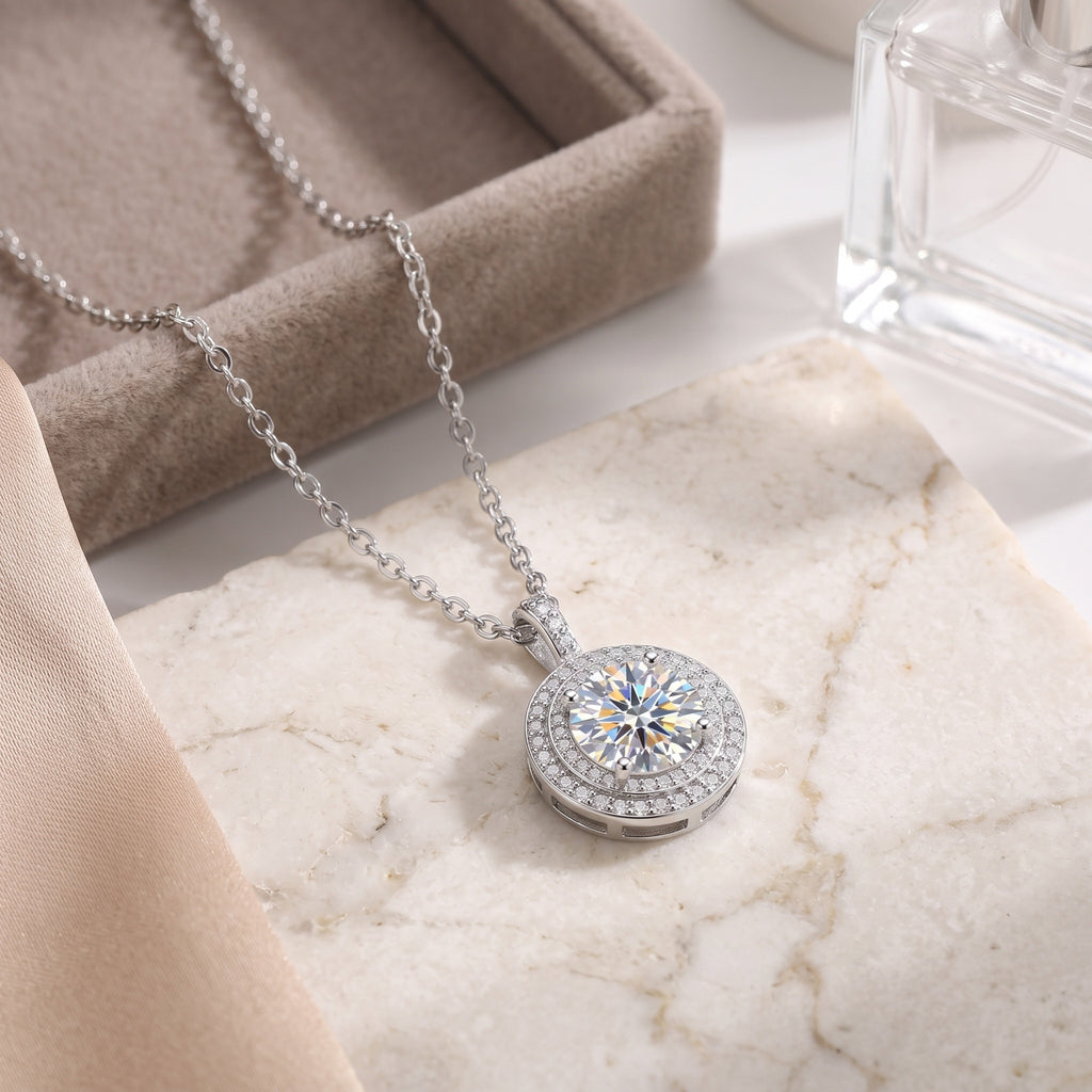 Sterling Silver Moissanite Double Halo Pendant Necklace