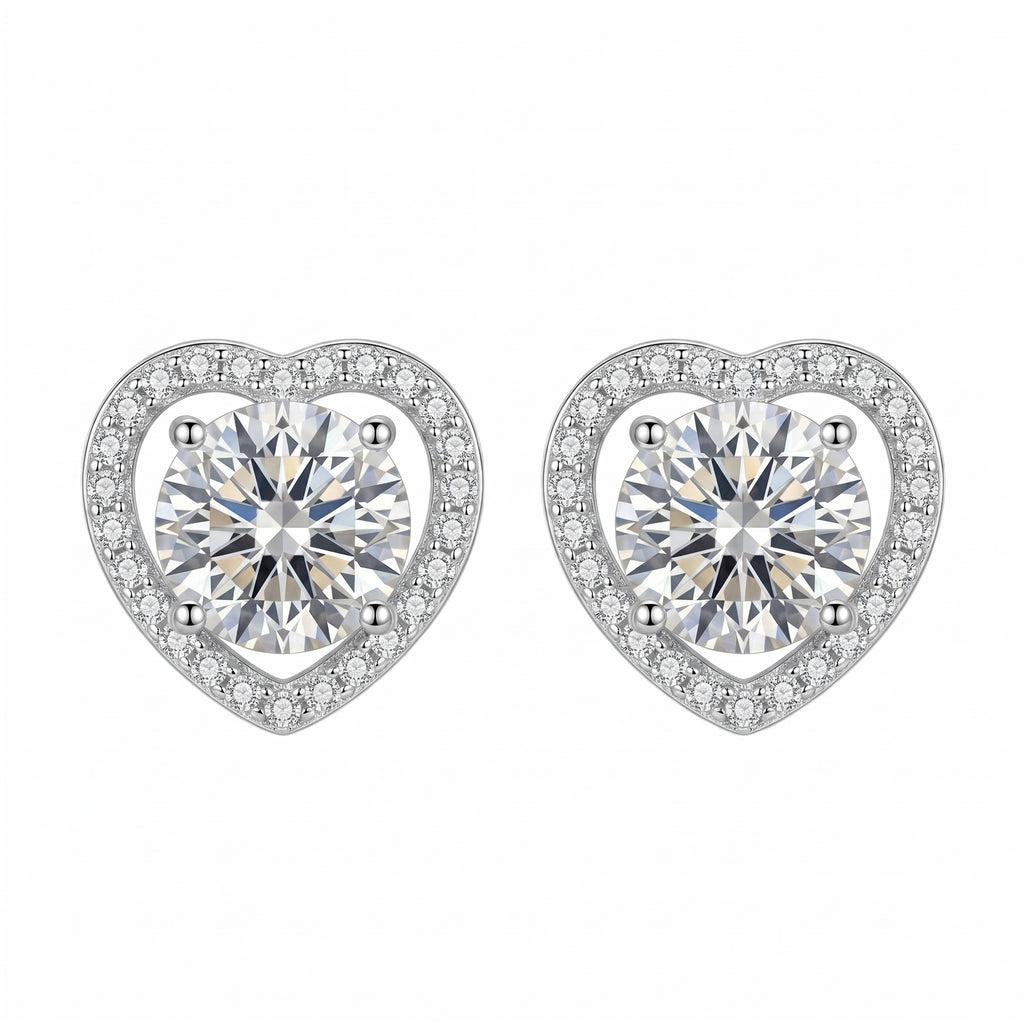Sterling Silver Heart Moissanite Halo Stud Earrings