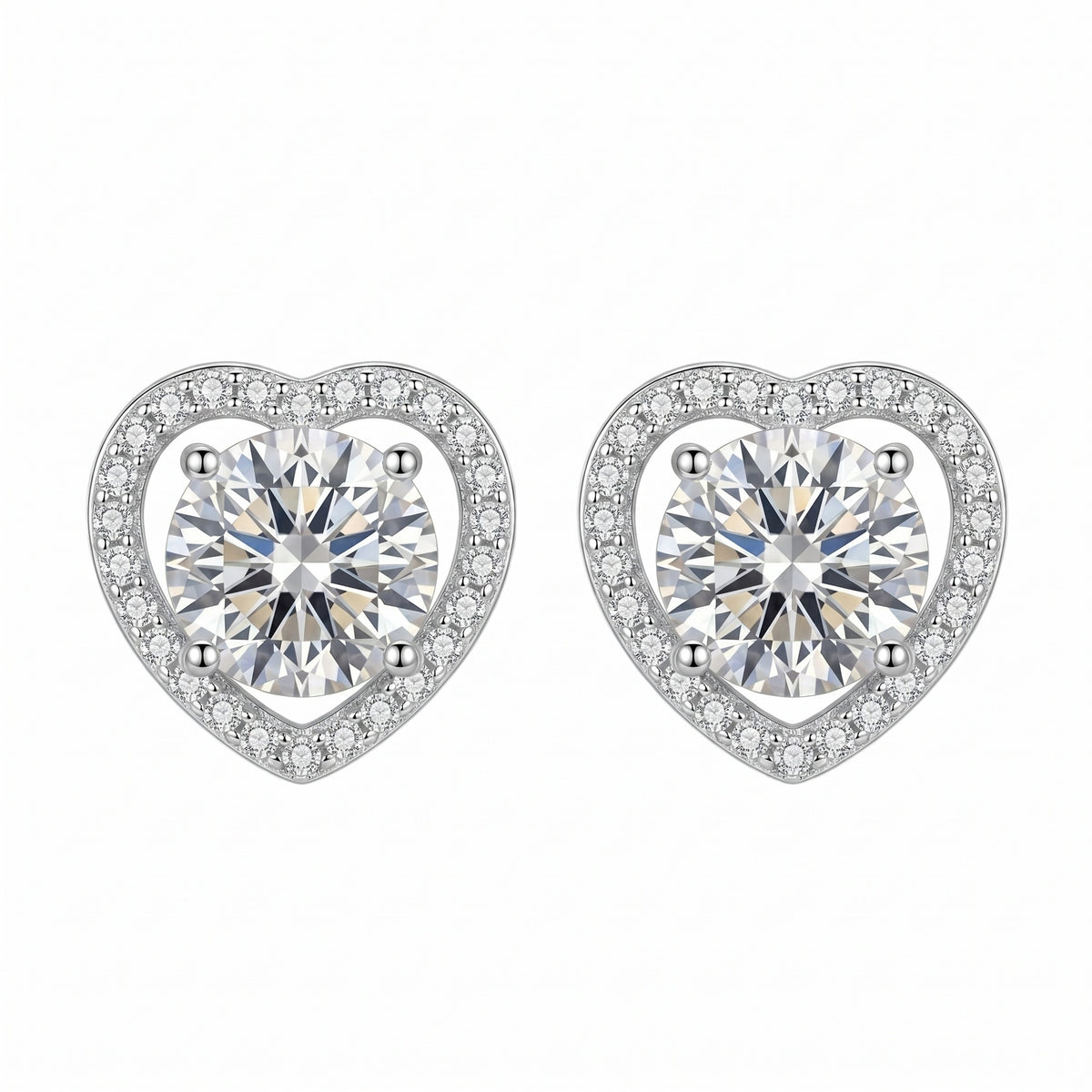 Sterling Silver Heart Moissanite Halo Stud Earrings