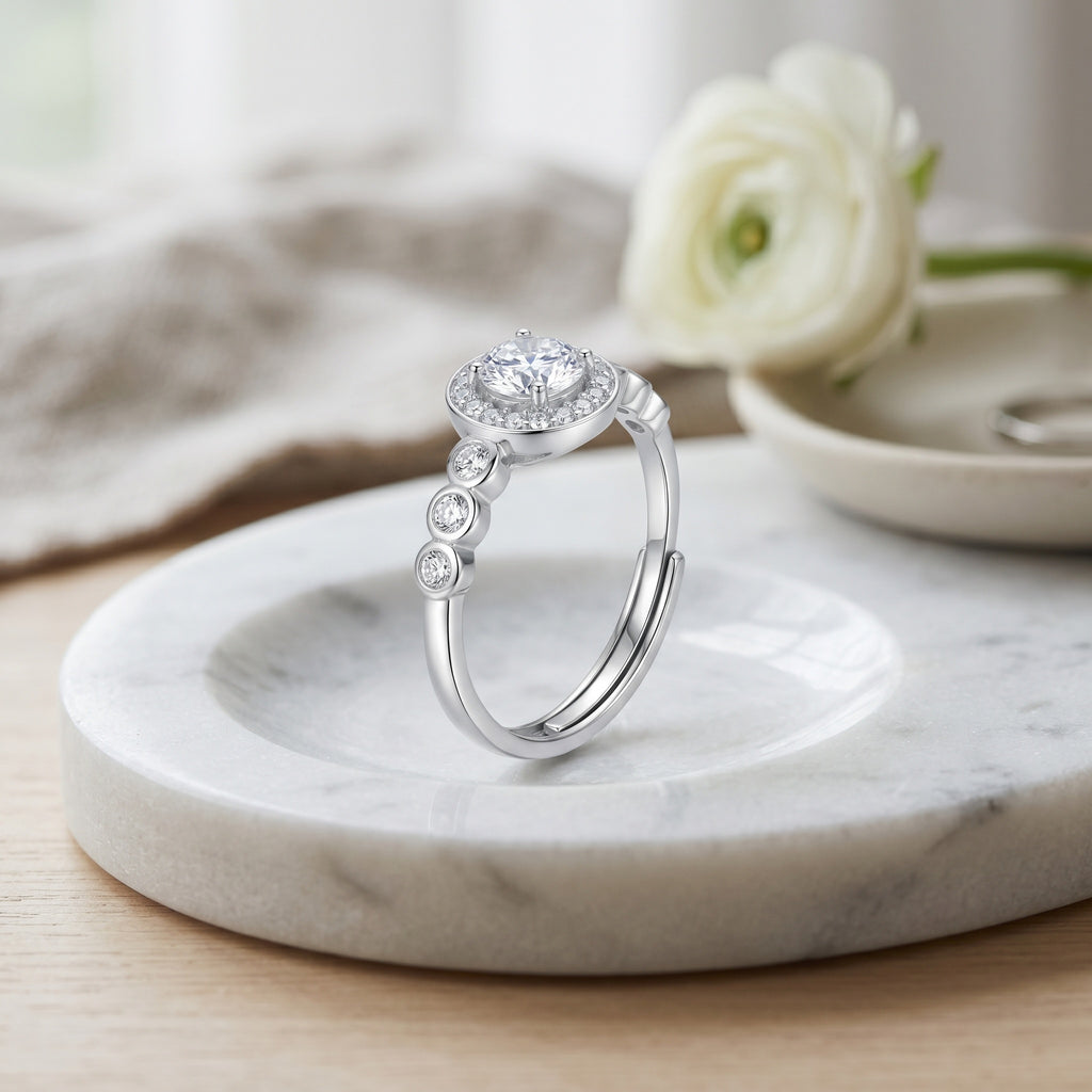 Sterling Silver Adjustable Halo Cubic Zirconia Ring