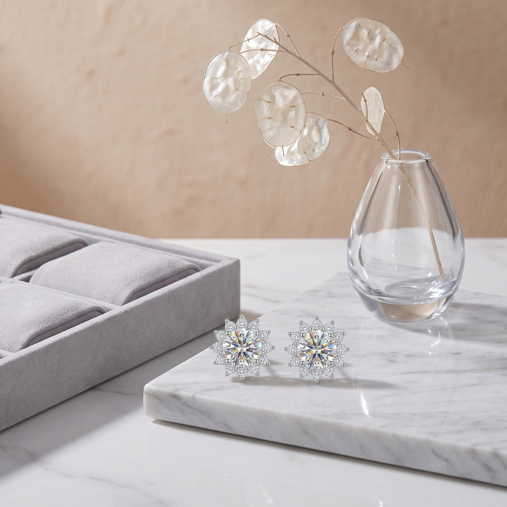 Sterling Silver Moissanite Flower Cluster Stud Earrings