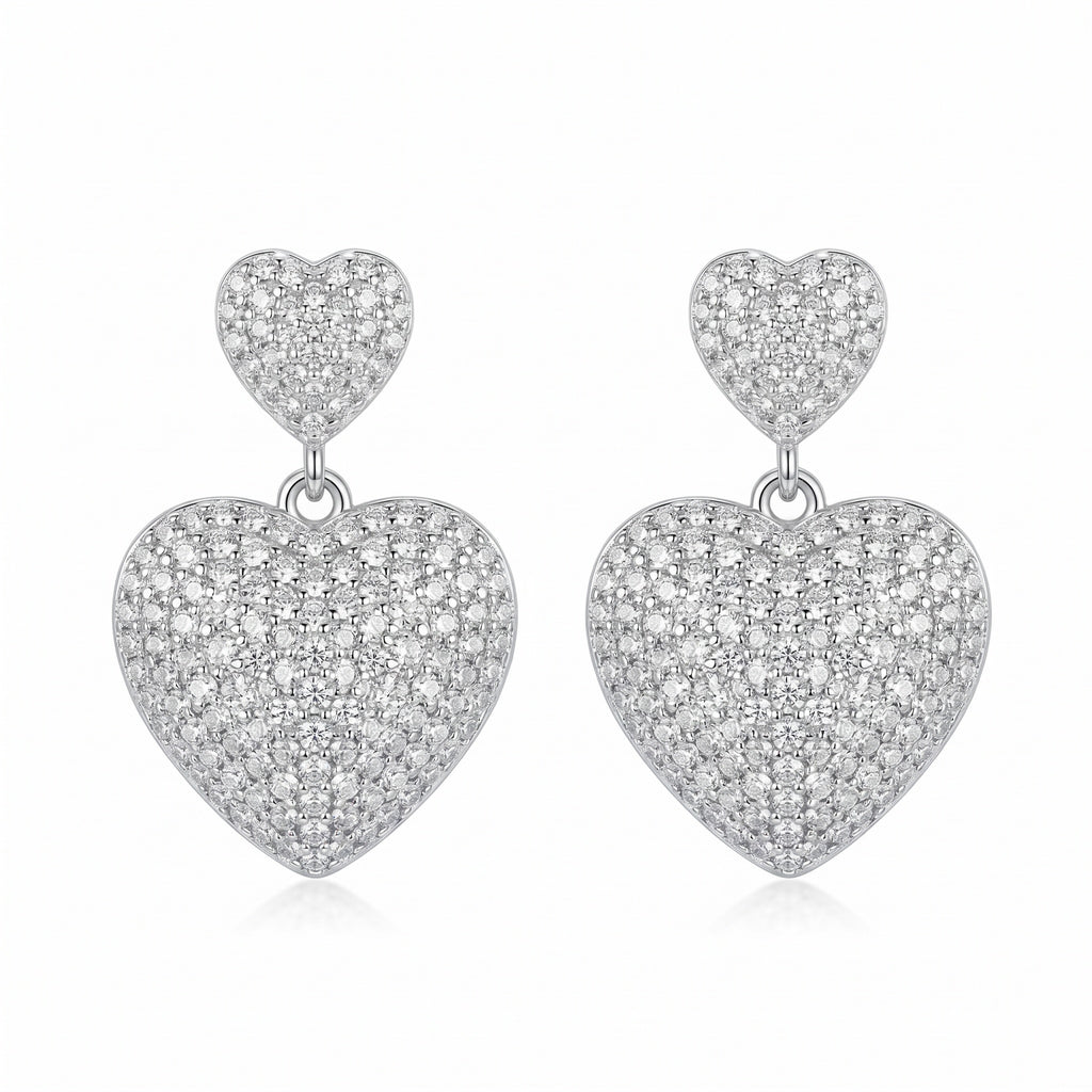 Sterling Silver Double Heart Moissanite Drop Earrings