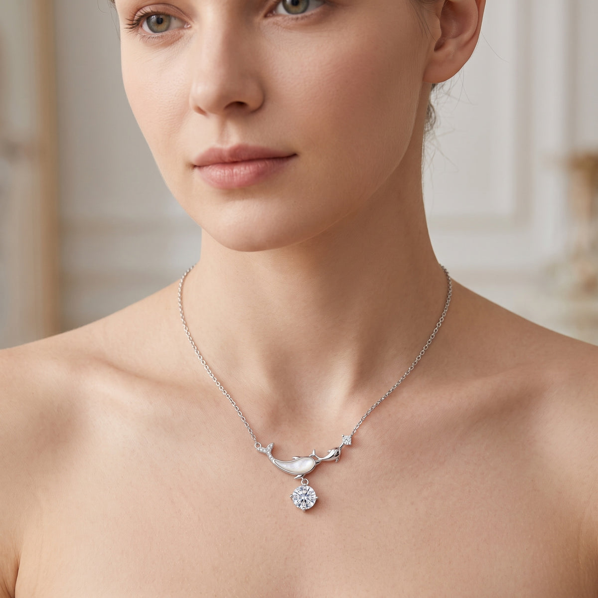 Sterling Silver Dolphin Mother of Pearl Moissanite Pendant Necklace