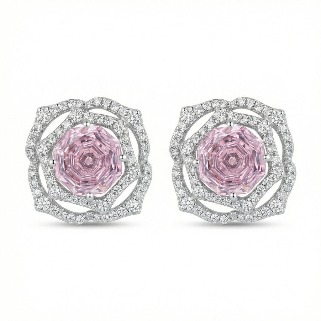 Sterling Silver Pink Gemstone Floral Stud Earrings – Pavé Rose Design