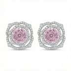 Sterling Silver Pink Gemstone Floral Stud Earrings – Pavé Rose Design