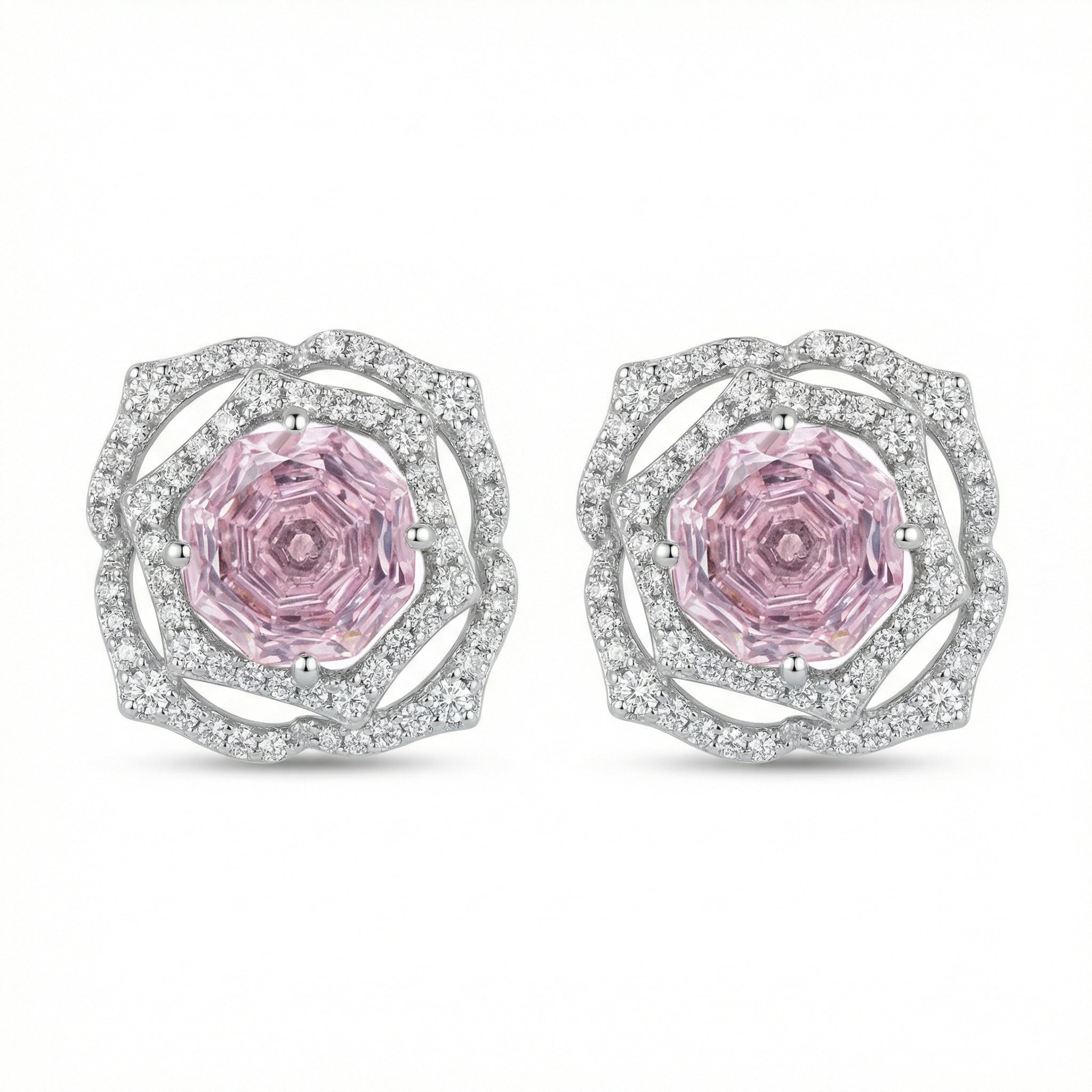 Sterling Silver Pink Gemstone Floral Stud Earrings – Pavé Rose Design