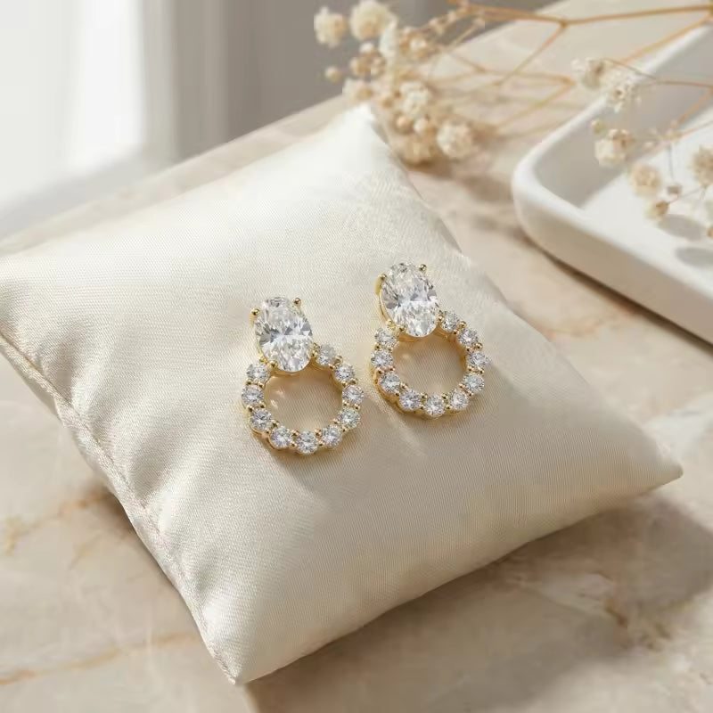 Elegant Oval CZ Halo Drop Stud Earrings