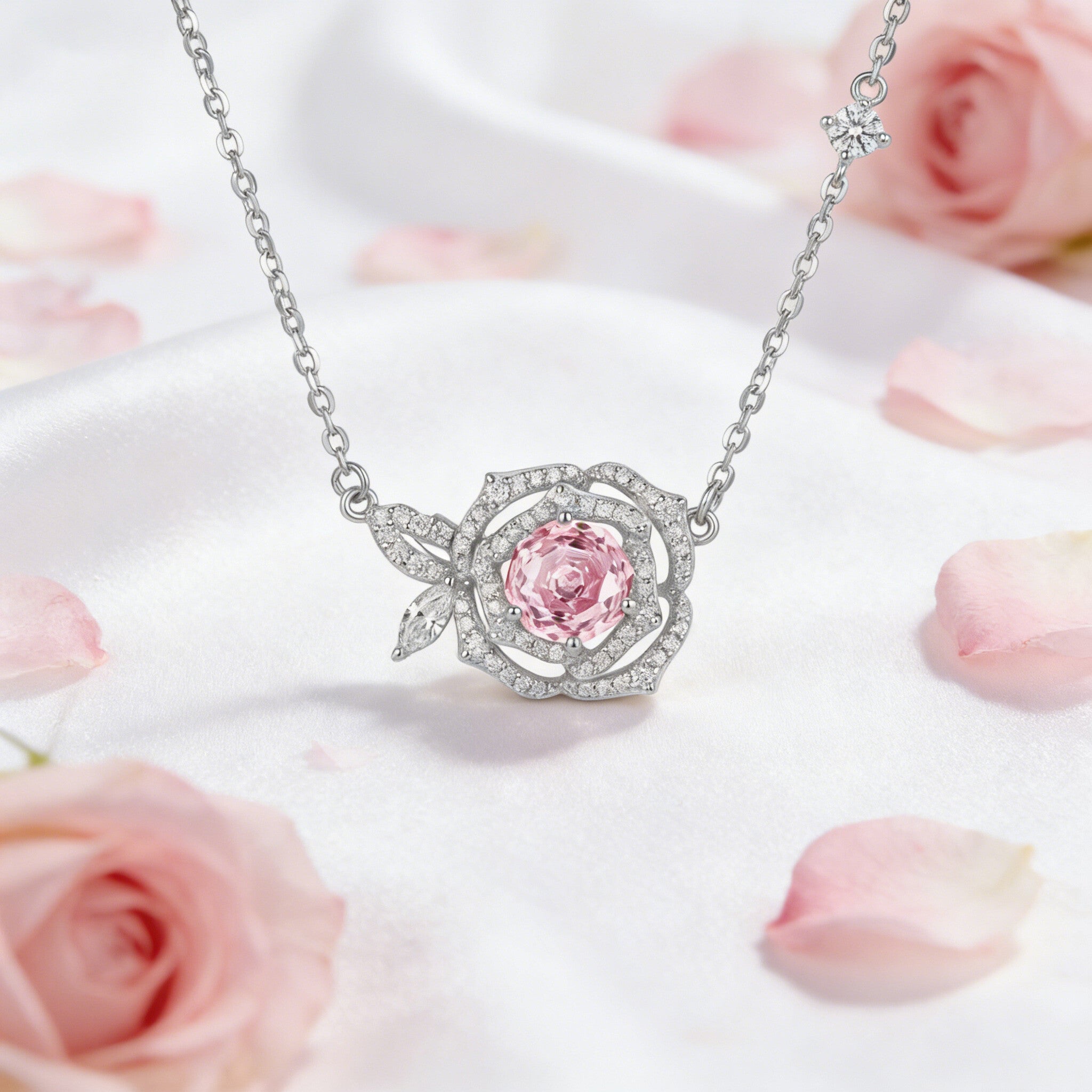 Sterling Silver Pink Rose Pendant Necklace – Genuine Gemstone Floral Design