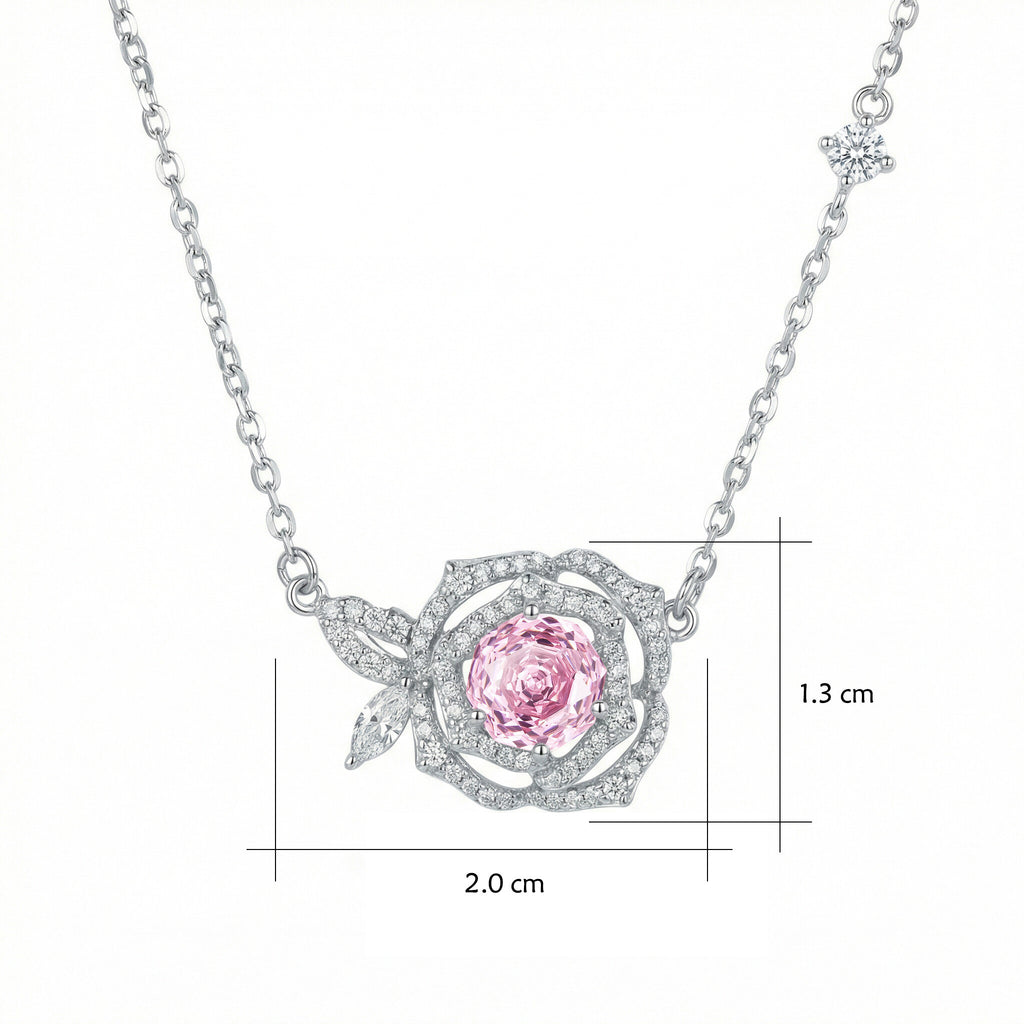Sterling Silver Pink Rose Pendant Necklace – Genuine Gemstone Floral Design