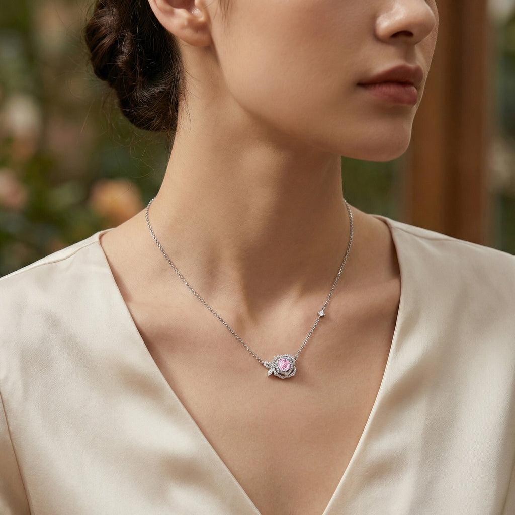 Sterling Silver Pink Rose Pendant Necklace – Genuine Gemstone Floral Design