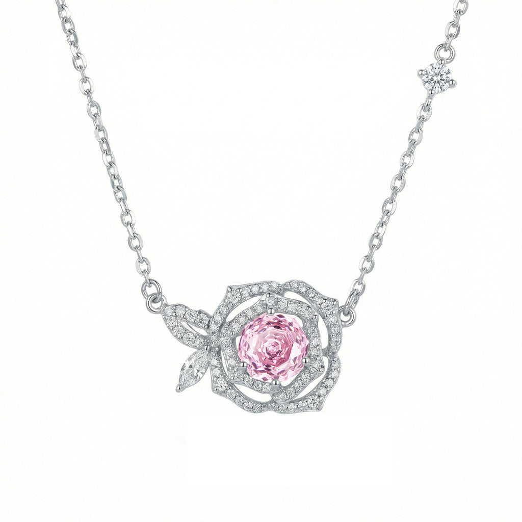 Sterling Silver Pink Rose Pendant Necklace – Genuine Gemstone Floral Design