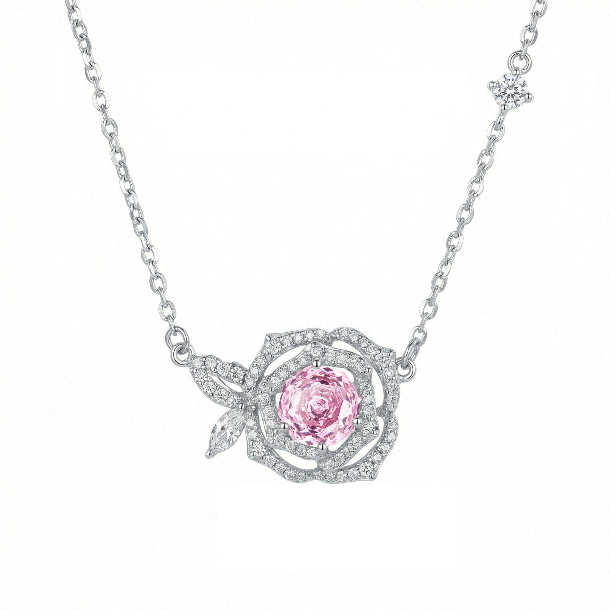 Sterling Silver Pink Rose Pendant Necklace – Genuine Gemstone Floral Design