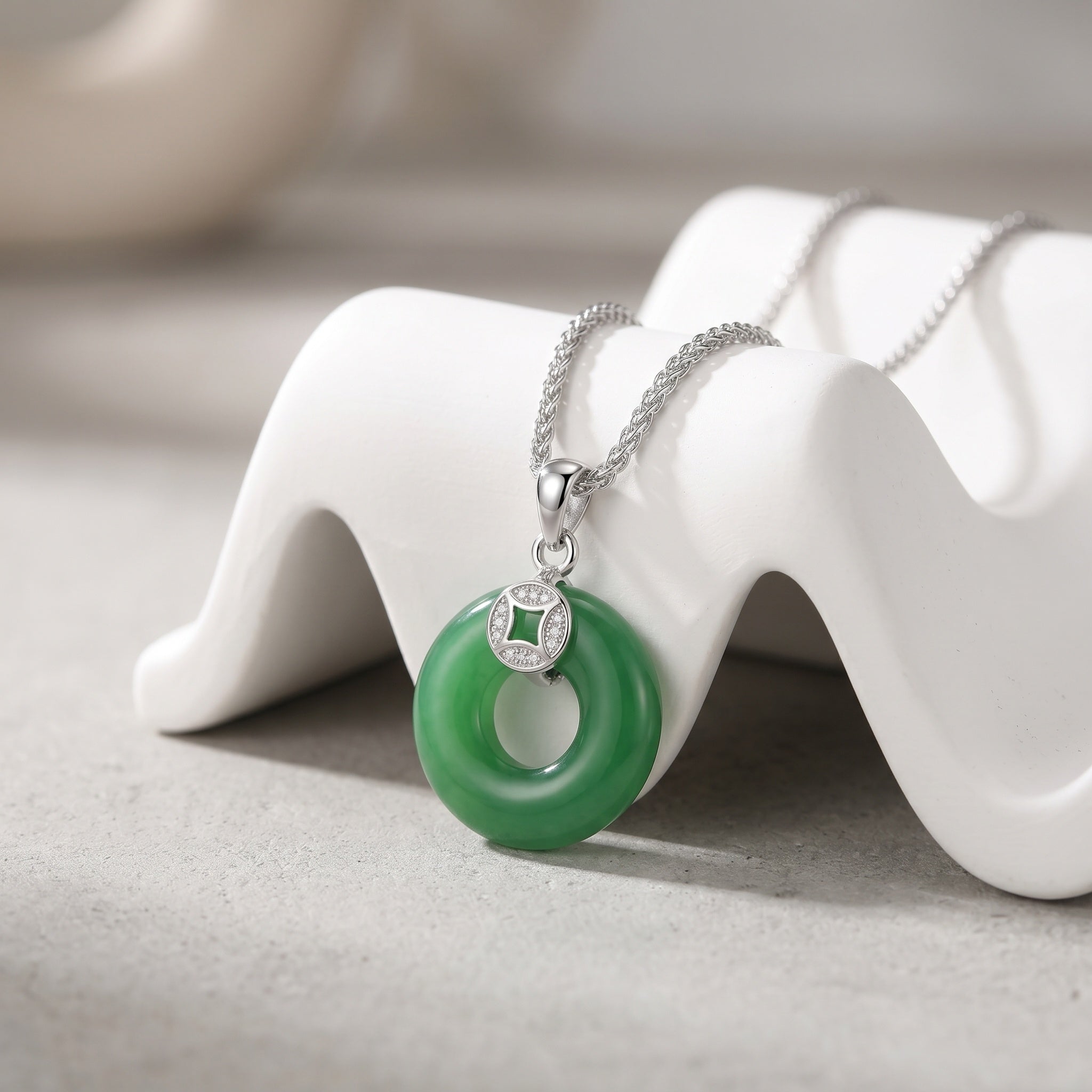 Green Jade Pendant Necklace with CZ Accent